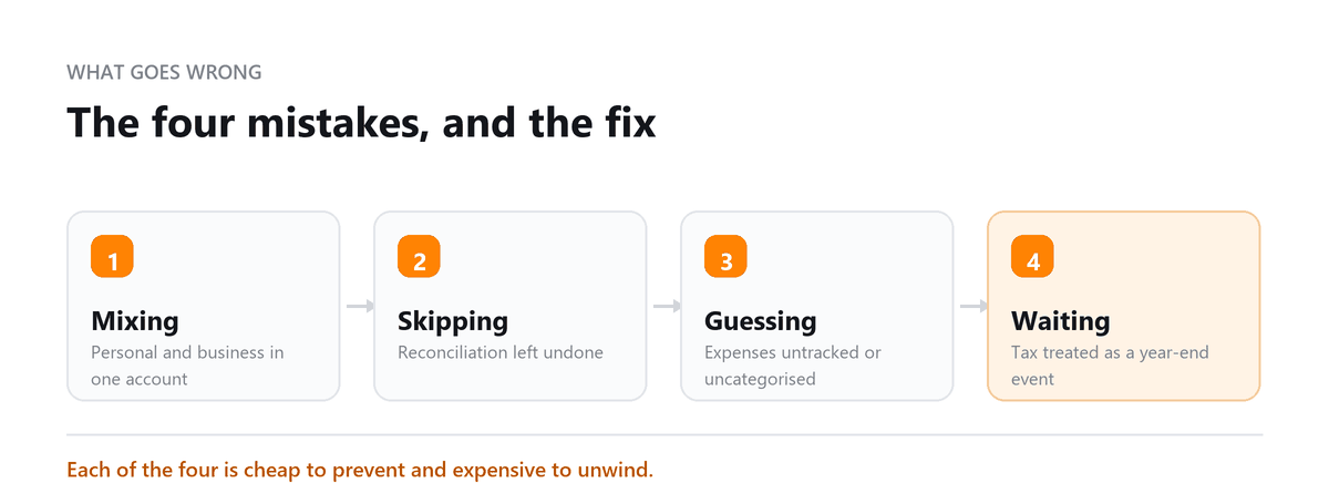 The four mistakes, and the fix Four common bookkeeping mistakes: mixing accounts, skipping reconciliation, untracked expenses, late tax