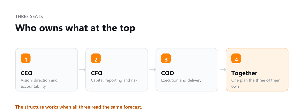CEO, CFO and COO: direction, money, execution and the shared plan