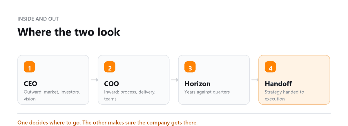 COO against CEO: outward and inward focus, horizon and handoff