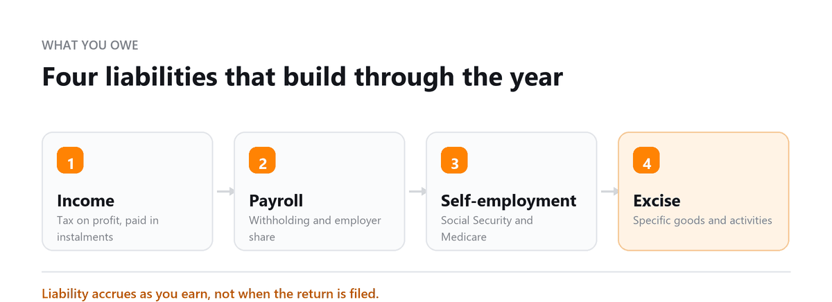 Federal tax liabilities: income, payroll, self-employment and excise