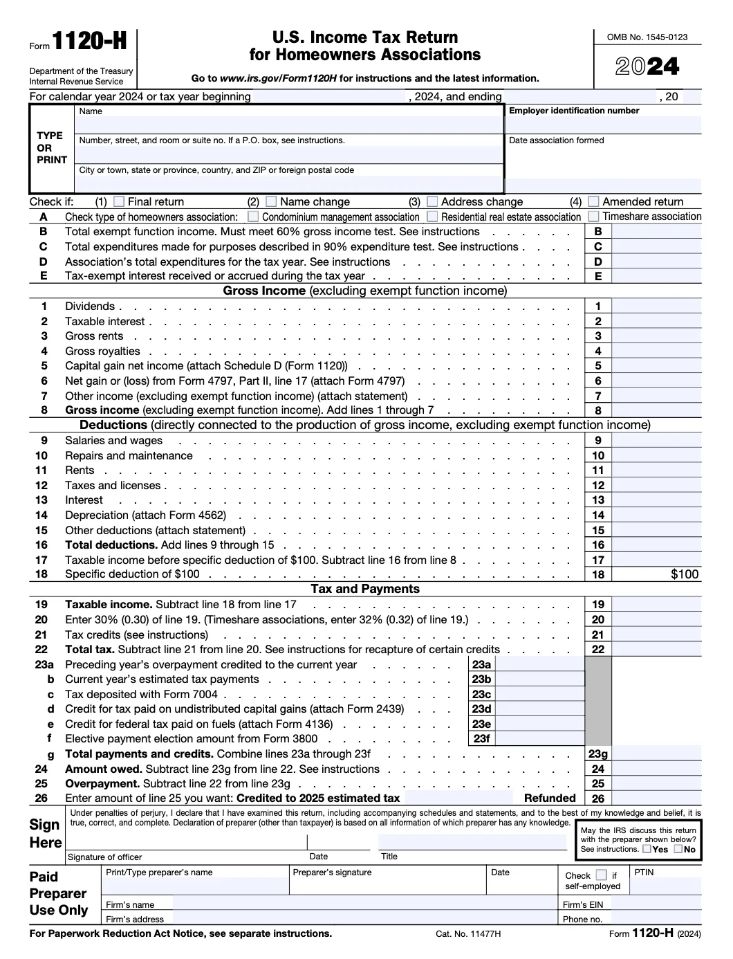 IRS Form 1120-H Image