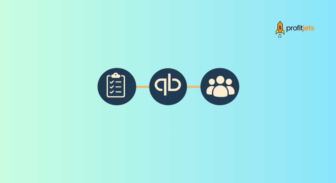 Icons representing tasks, QuickBooks, team